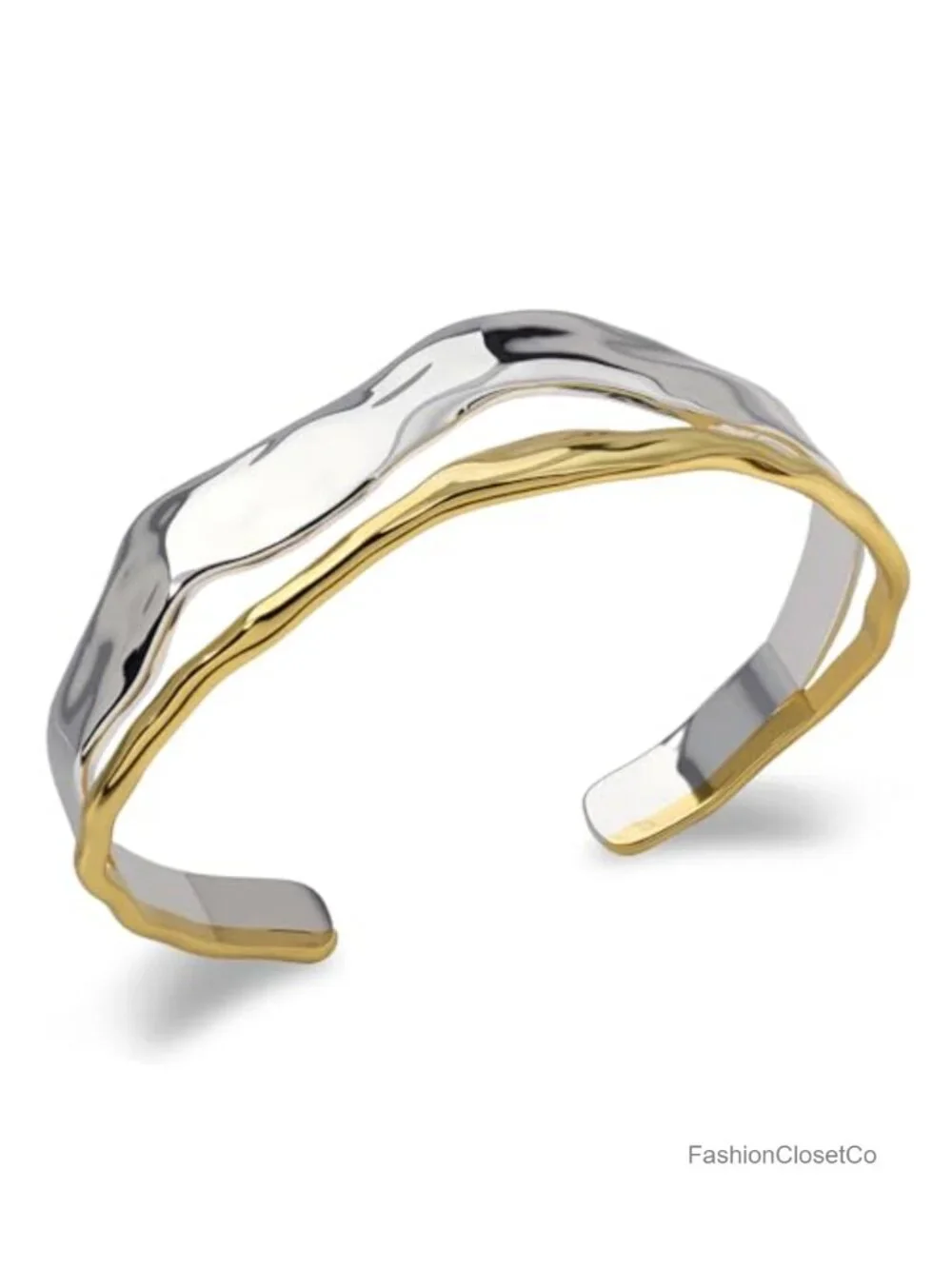 Sterling Silver Two Tone Open Cuff Bracelet Double Layer Hammered Texture Chunky